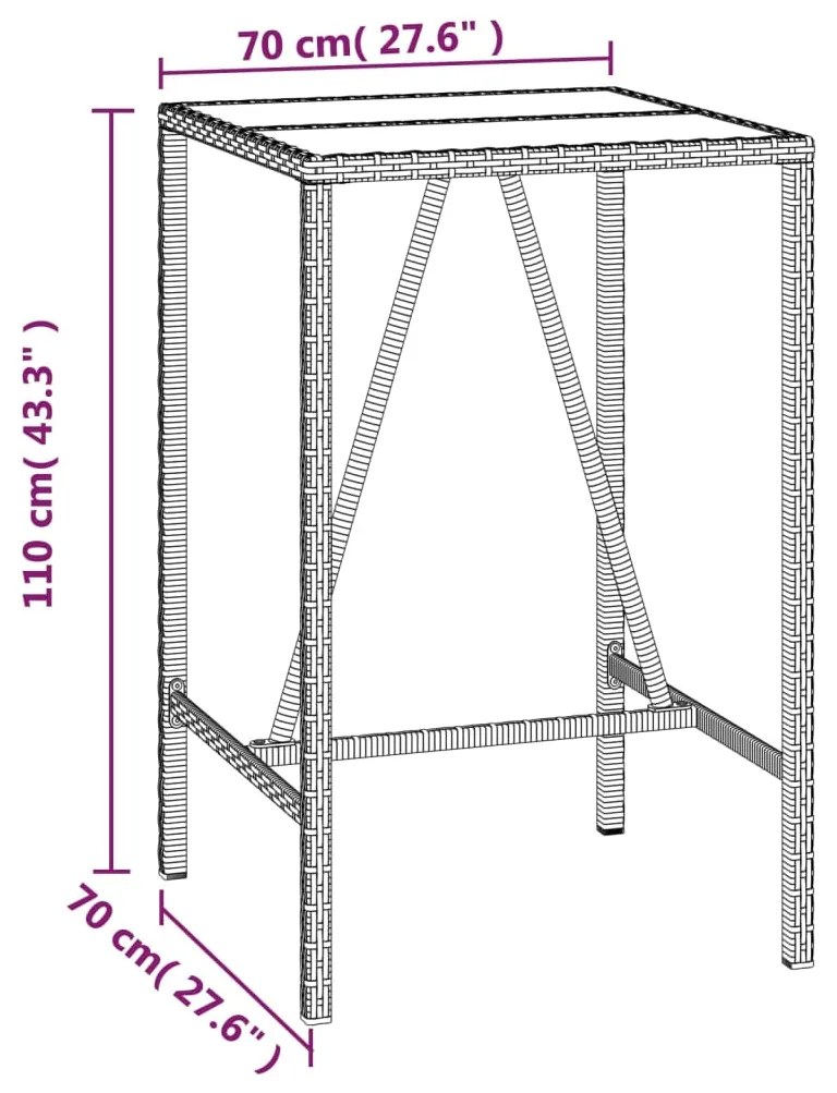 vidaXL Τραπέζι Μπαρ με Γυάλ. Επιφάνεια Μαύρο 70x70x110 εκ. Συνθ. Ρατάν