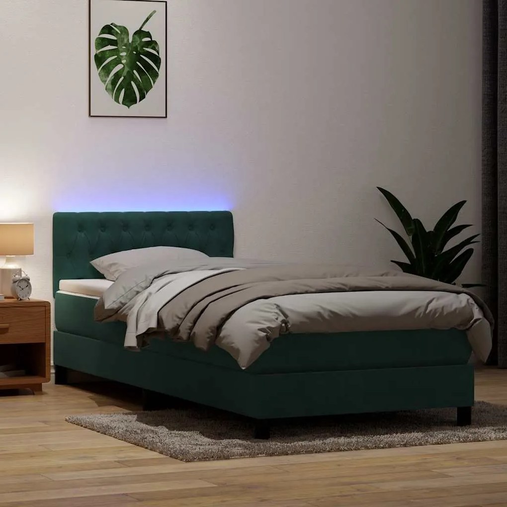 vidaXL Κρεβάτι Boxspring με Στρώμα &amp; LED σκούρο πράσινο 80x220εκ. Βελούδινο