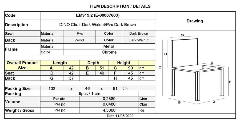 Καρέκλα Dino Χρώμιο-Wenge-Καφέ PVC Συσκ.6τμχ 42x51x90cm