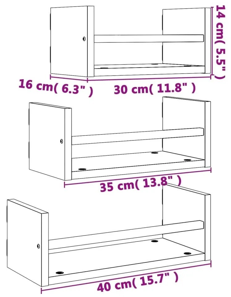 Ράφια Τοίχου Σετ 3 τεμ. με Μπάρες Καφέ Δρυς Επεξεργασμένο ξύλο - Καφέ