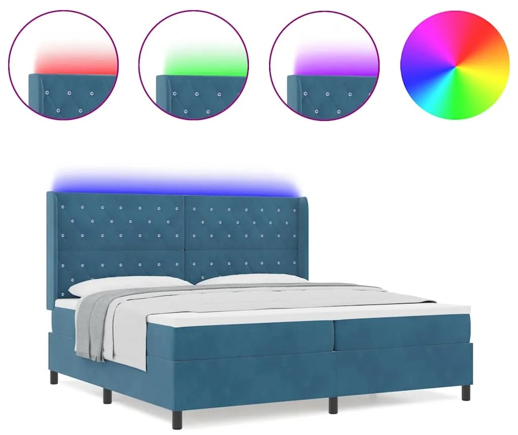 vidaXL Κρεβάτι Box Spring LED με Στρώμα Μπλε 200 x 200 cm Βελούδο
