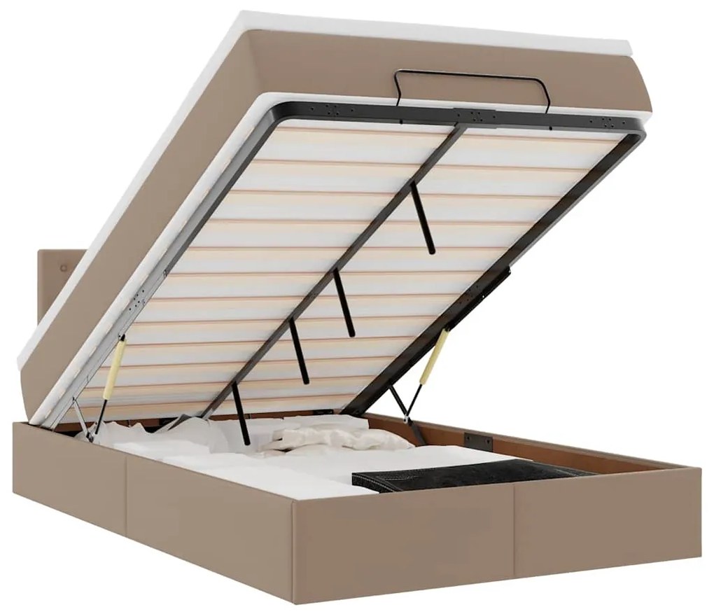 vidaXL Οθωμανικό κρεβάτι με στρώματα & LEDs Cappuccino Faux Leather