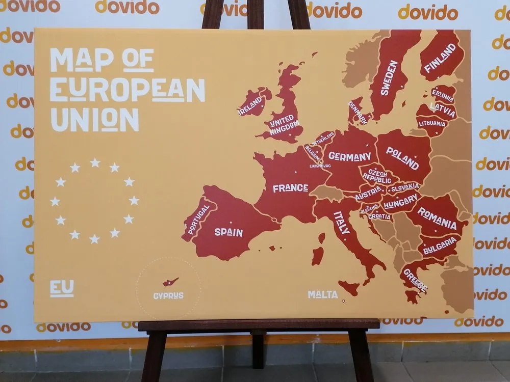 Εικόνα στον εκπαιδευτικό χάρτη από φελλό με ονόματα χωρών της ΕΕ σε αποχρώσεις του καφέ - 90x60 color mix