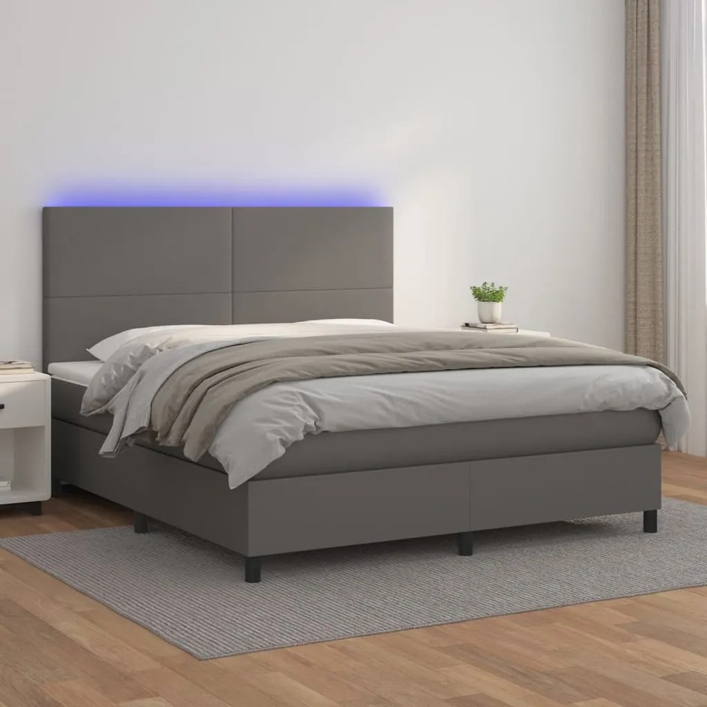 vidaXL Κρεβάτι Boxspring με Στρώμα & LED Γκρι 180x200 εκ. Συνθ. Δέρμα