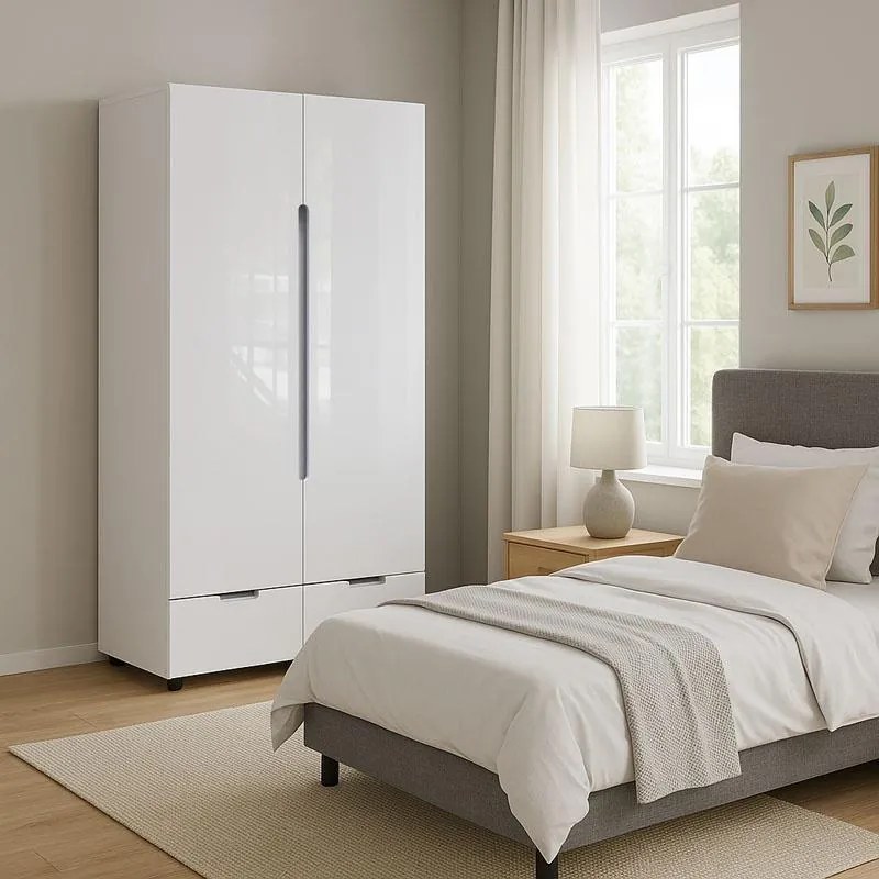 Ντουλάπα δίφυλλη Afina mdf-μελαμίνη σε λευκή glossy απόχρωση 100x57x213εκ 100x57x213 εκ.
