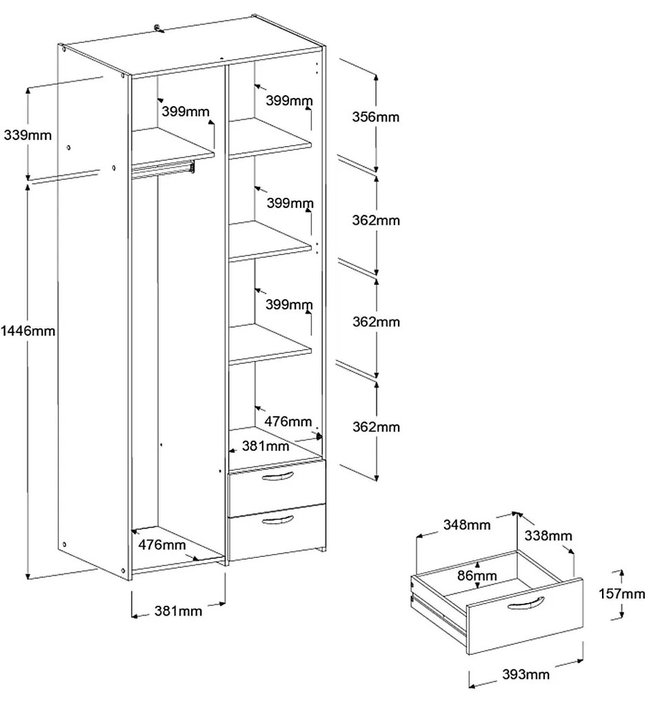 Ντουλάπα Dorm δίφυλλη με καθρέπτη-Fusiko