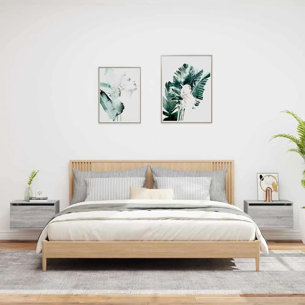 vidaXL Κομοδίνα Επιτοίχια με Φώτα LED 2 τεμ. Γκρι Sonoma
