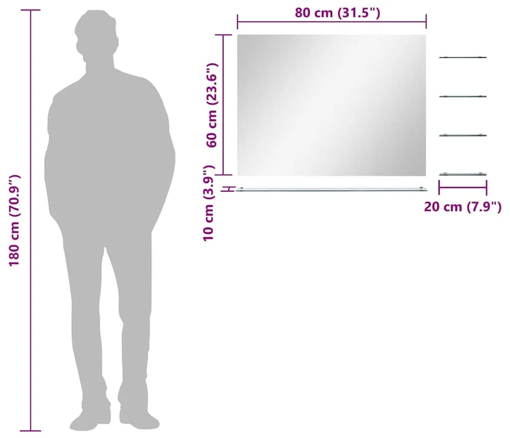 vidaXL Καθρέφτης Τοίχου Ασημί 80 x 60 εκ. με 5 Ράφια