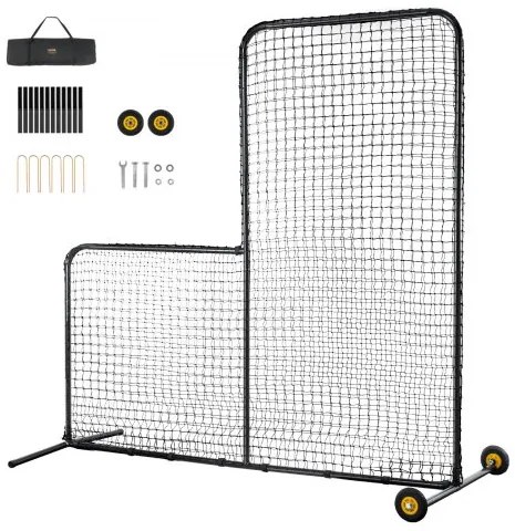 VEVOR L Screen Baseball for Batting Cage, 7x7 ft Softball Safety Screen, Body Protector Portable Batting Screen with Carry Bag, Wheels, Ground Stakes, Heavy Duty Pitching Net for Pitchers Protection