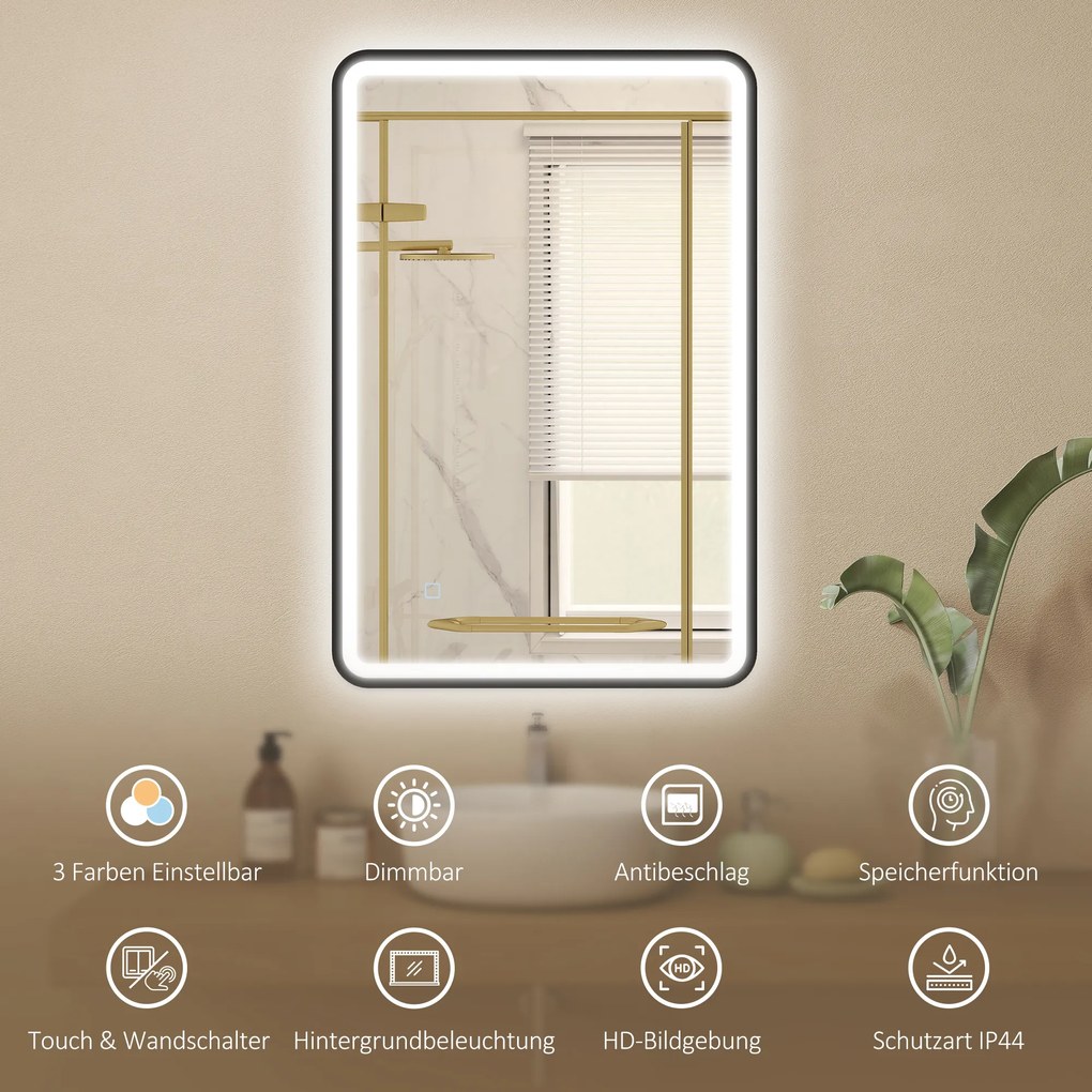 Καθρέφτης μπάνιου LED 90 x 60 cm, φώτα, 3 χρώματα, με δυνατότητα ρύθμισης φωτεινότητας, λειτουργία μνήμης, οριζόντια και κάθετη, μαύρο