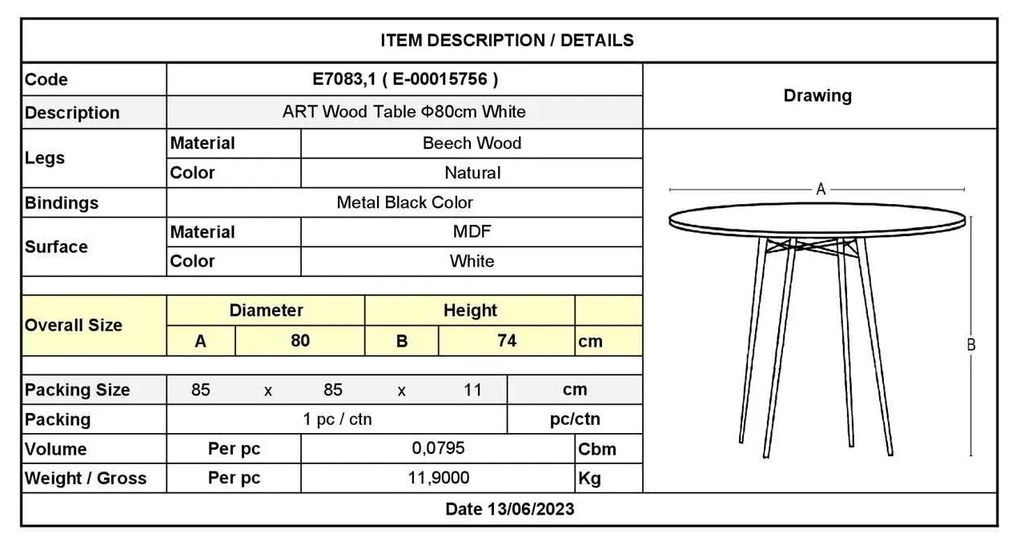Τραπέζι ART Wood  Φ80/H74cm Λευκό