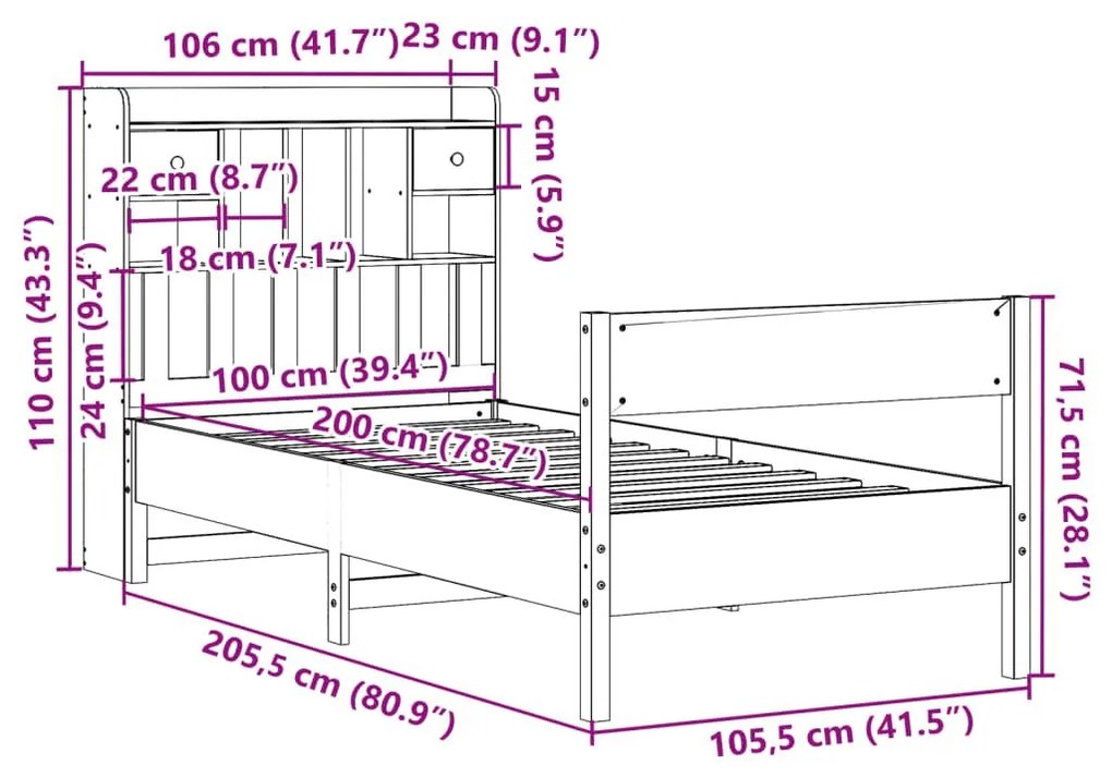 Κρεβάτι Βιβλιοθήκη Χωρίς Στρώμα 100x200 εκ Μασίφ Ξύλο Πεύκου - Καφέ
