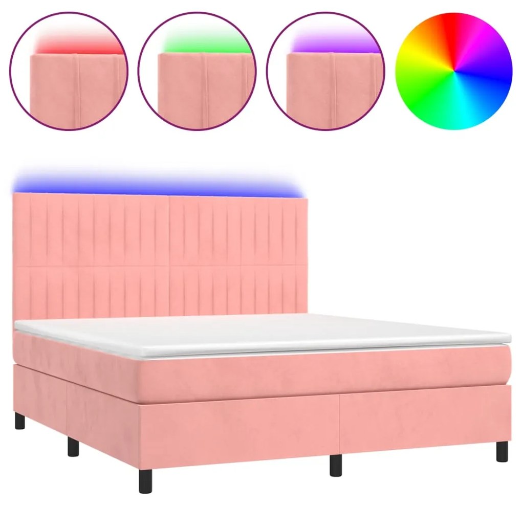 vidaXL Κρεβάτι Boxspring με Στρώμα & LED Ροζ 160x200 εκ. Βελούδινο