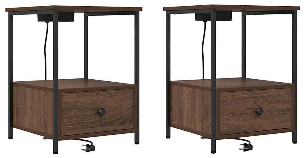 vidaXL Κομοδίνο με Σταθμό Φόρτισης 2 pcs Καφέ δρυς Επεξεργασμένο ξύλο
