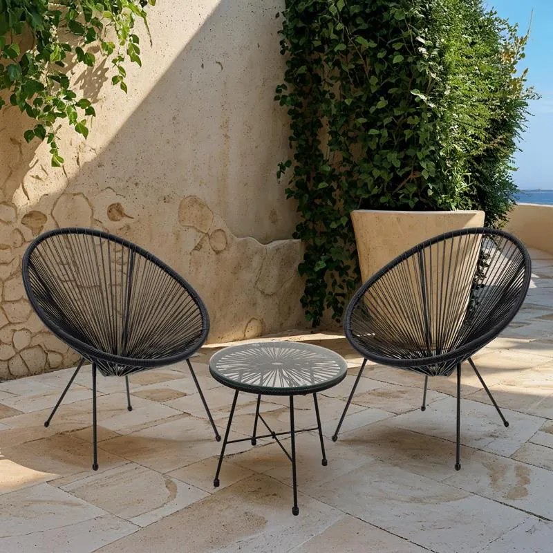 Tραπεζαρία Acapulco σετ 3τεμ μαύρο μέταλλο-μαύρο rattan-γυαλί Φ50x50εκ 50x50x50 εκ.