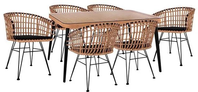 Σετ Κήπου Τραπεζαρία ALLEGRA C10496 7 τεμ Μαύρο με Τραπέζι 160x90x78 εκ. &amp; 6 Καρέκλες Wicker Μπέζ