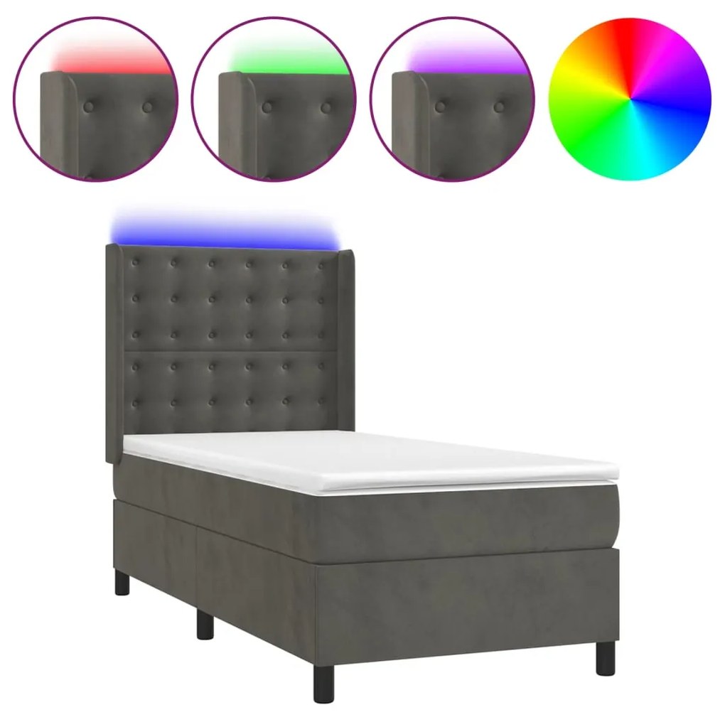 vidaXL Κρεβάτι Boxspring με Στρώμα & LED Σκ. Γκρι 90x190 εκ. Βελούδινο