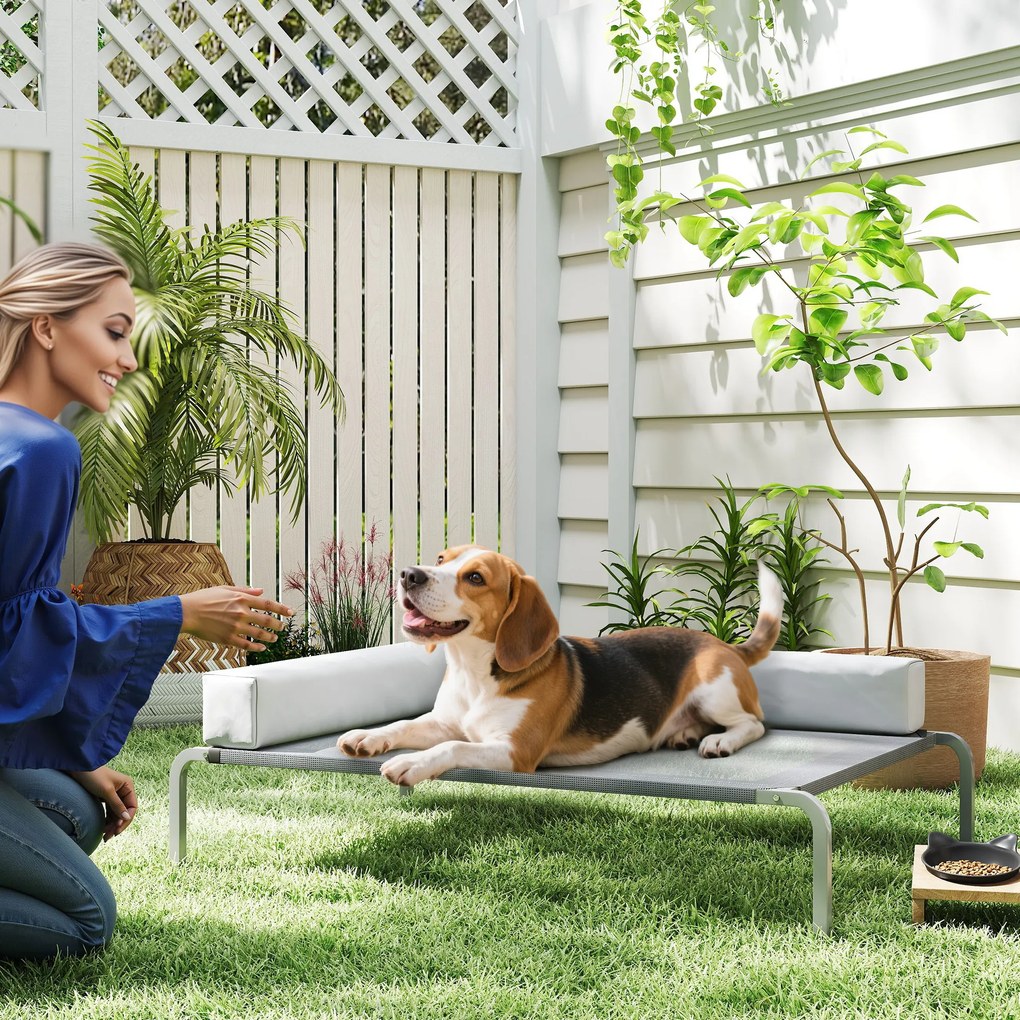 PawHut Υπαίθριο κρεβάτι σκύλου, Υπερυψωμένο κρεβάτι σκύλου για μεσαίους σκύλους, με μαξιλάρι σε σχήμα L 110x75x30cm, Ανοιχτό γκρι