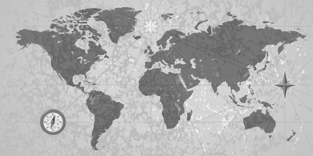 Εικόνα στον παγκόσμιο χάρτη από φελλό με πυξίδα σε στυλ ρετρό σε ασπρόμαυρο σχέδιο - 100x50  transparent