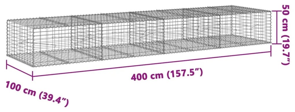 Συρματοκιβώτιο με Κάλυμμα 400x100x50εκ. από Γαλβανισμένο Χάλυβα - Ασήμι