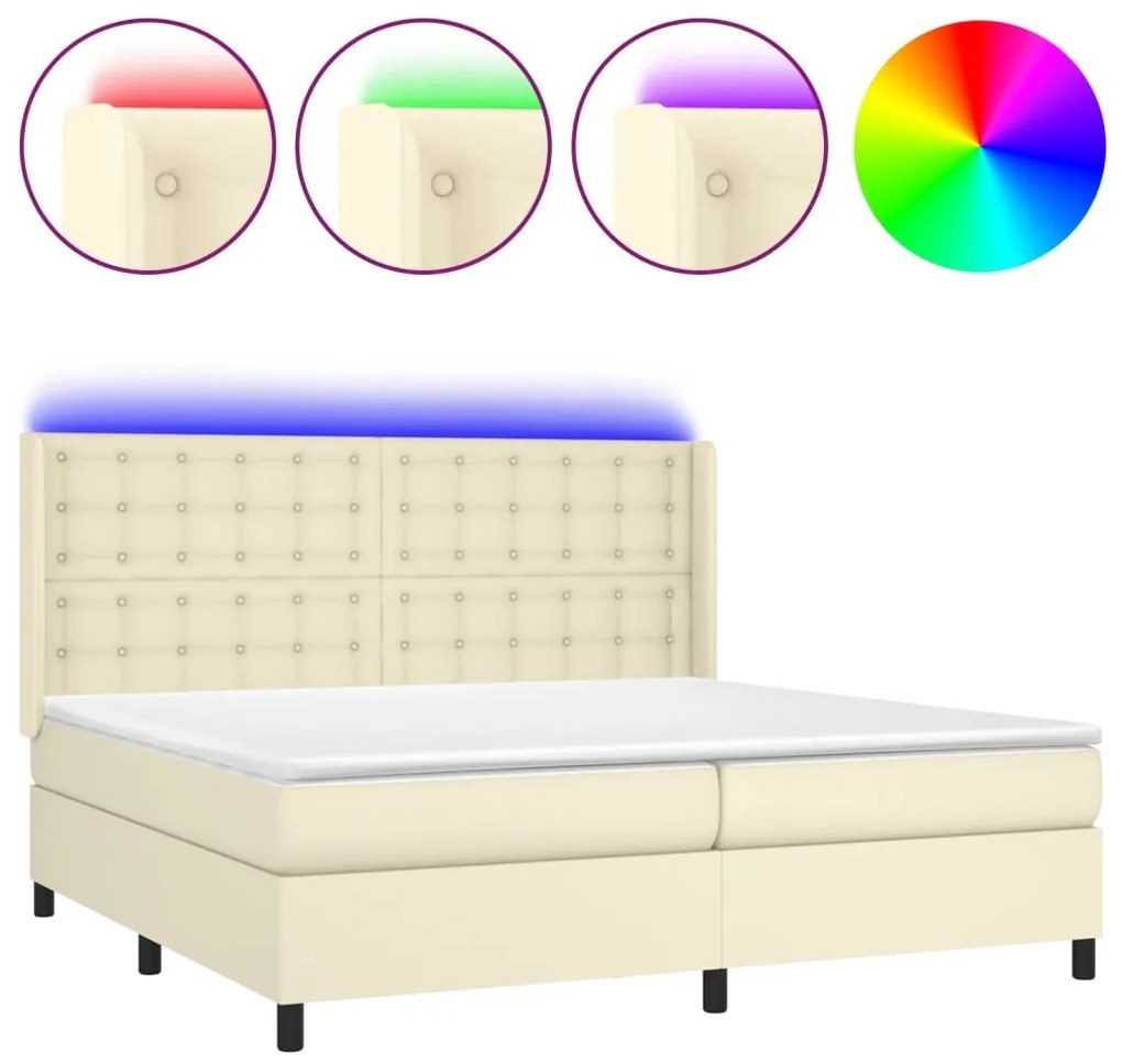 vidaXL Κρεβάτι Boxspring με Στρώμα & LED Κρεμ 200x200 εκ. Συνθ. Δέρμα