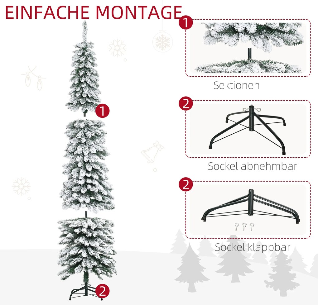 HOMCOM Τεχνητό Χριστουγεννιάτικο Δέντρο, Χιονισμένο, Στενό Σχέδιο, Πυράντοχο, 210 εκ., Πράσινο/Λευκό