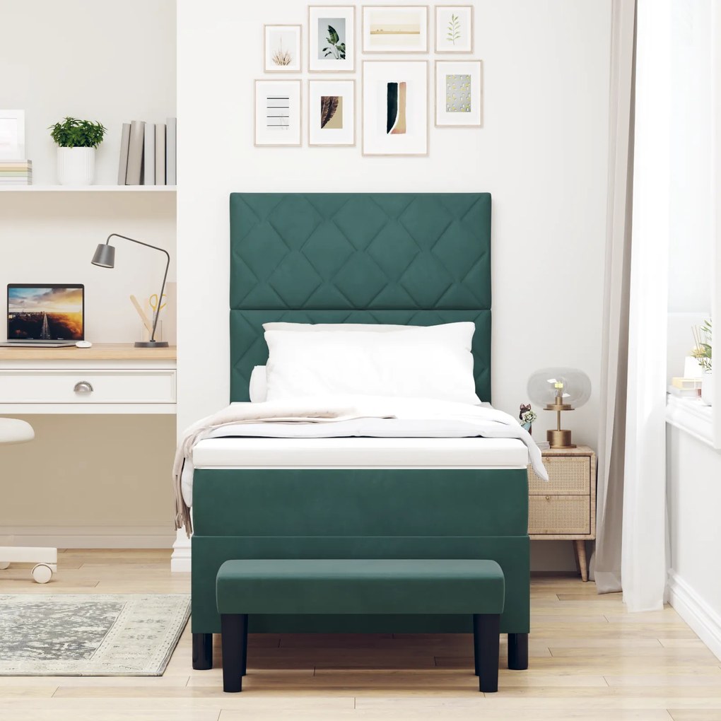 vidaXL Κρεβάτι Box Spring με Στρώμα & Πάγκο Σκούρο Πράσινο 100x200 εκ. Βελούδο