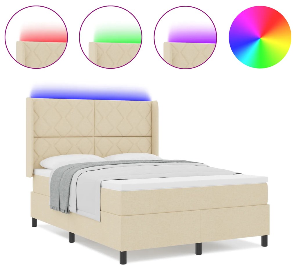 vidaXL Κρεβάτι με Ελατήρια και Στρώμα & LED Κρεμ 140x200 cm