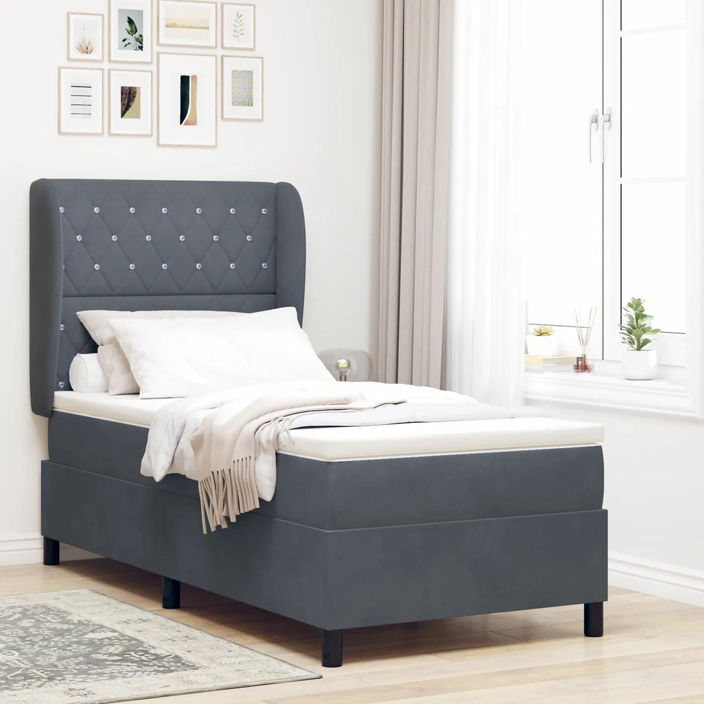 vidaXL Κρεβάτι Box Spring με Στρώμα Σκοτεινό Γκρι 90x190 εκ Βελούδο