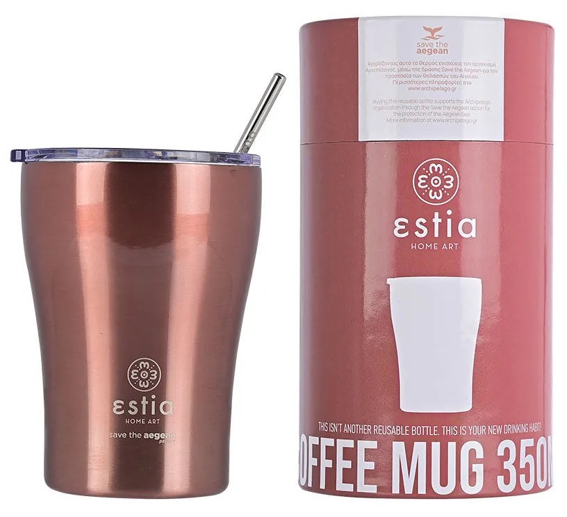 Estia 01-12489 Coffee Mug Save The Aegean Ποτήρι Θερμός με Καλαμάκι Rose Gold 350ml