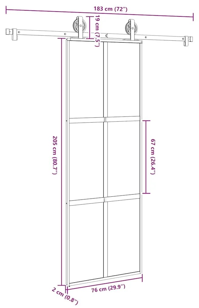 Συρόμενη πόρτα με σετ υλικού 76x205 cm από γυαλί&amp;Αλουμίνιο - Μαύρο