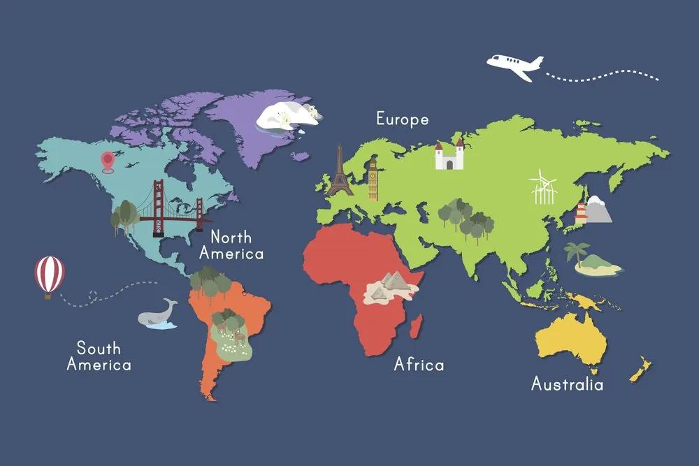 Εικόνα στον παγκόσμιο χάρτη φελλού με ορόσημα - 120x80  wooden