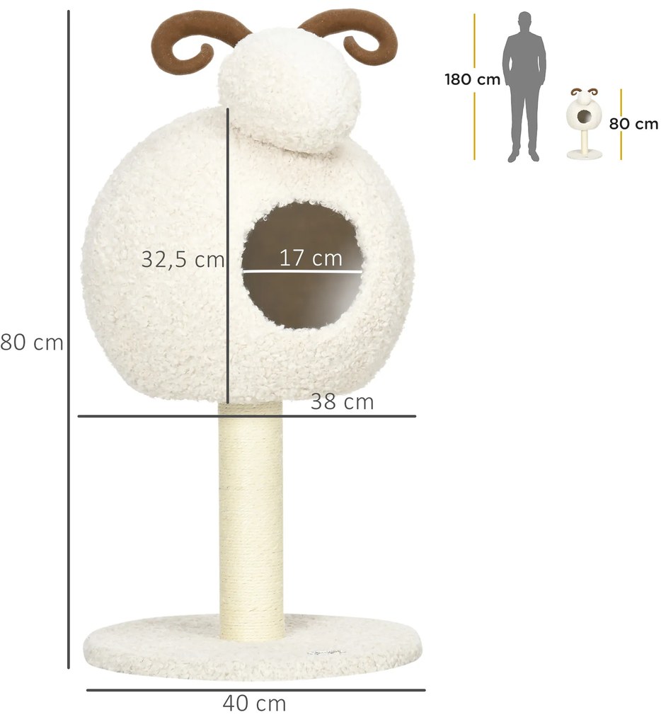 Δέντρο για γάτες HOMCOM, σχέδιο προβάτου, περιλαμβάνει σπηλιά για γάτες και στύλο ξυσίματος, πλενόμενο μαξιλάρι, Κρεμ Λευκό + Καφέ