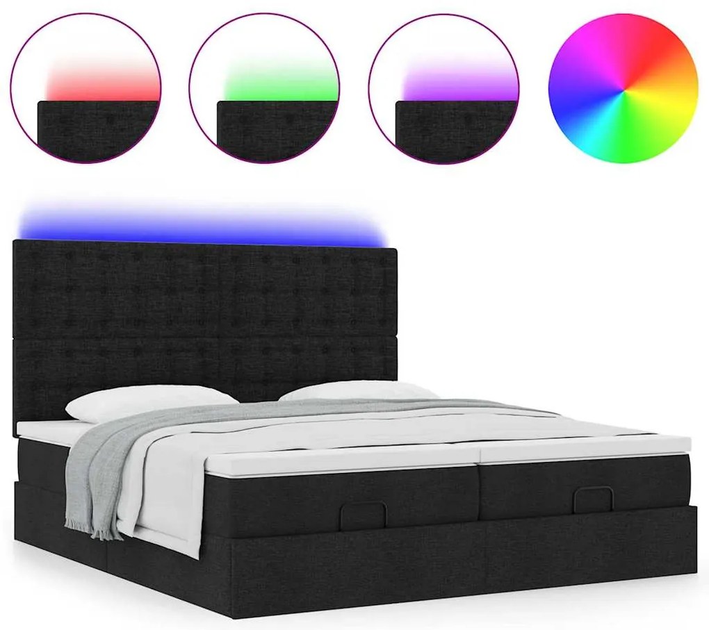 vidaXL Οθωμανικό κρεβάτι με στρώματα & LEDs Μαύρο ύφασμα 180x200cm