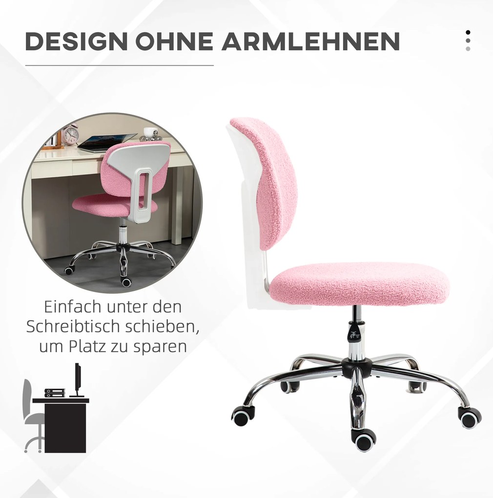 Vinsetto Καρέκλα Γραφείου Υπολογιστή Περιστρεφόμενη, Ρυθμιζόμενο Ύψος, 48 cm x 53 cm x 80-90 cm, Ροζ