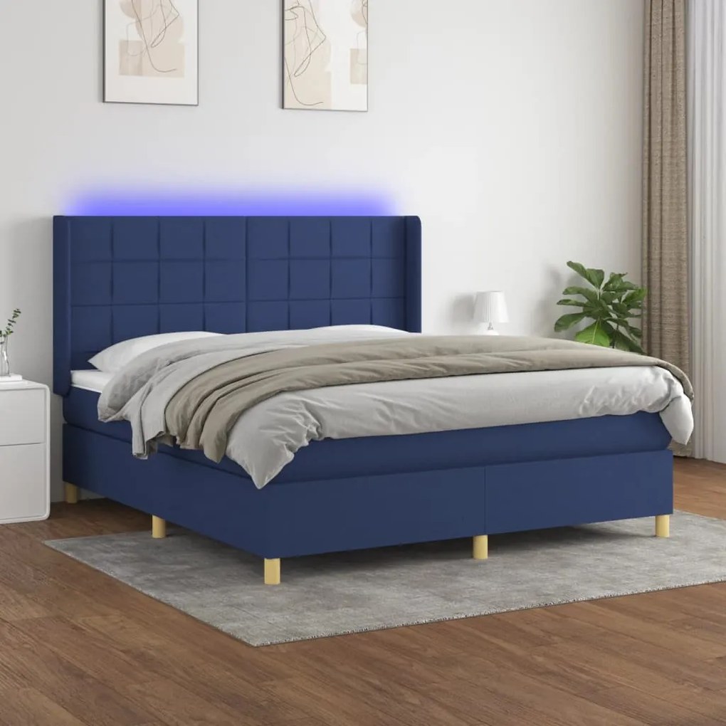 Κρεβάτι Boxspring με Στρώμα &amp; LED Μπλε 180x200 εκ. Υφασμάτινο