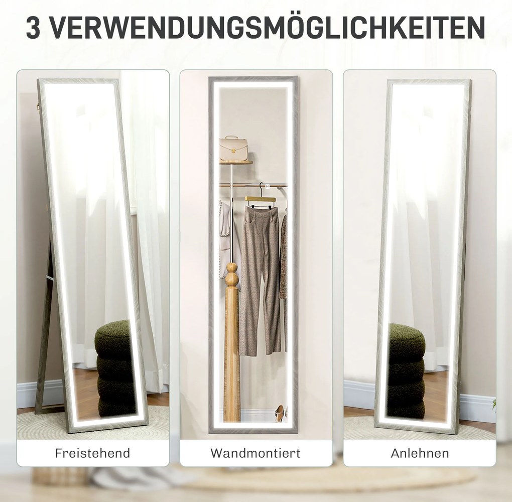 HOMCOM Καθρέφτης LED Ολόσωμος, 40 x 160 cm, Έλεγχος αφής, Ρυθμιζόμενος φωτισμός, 3 χρώματα, Γκρι
