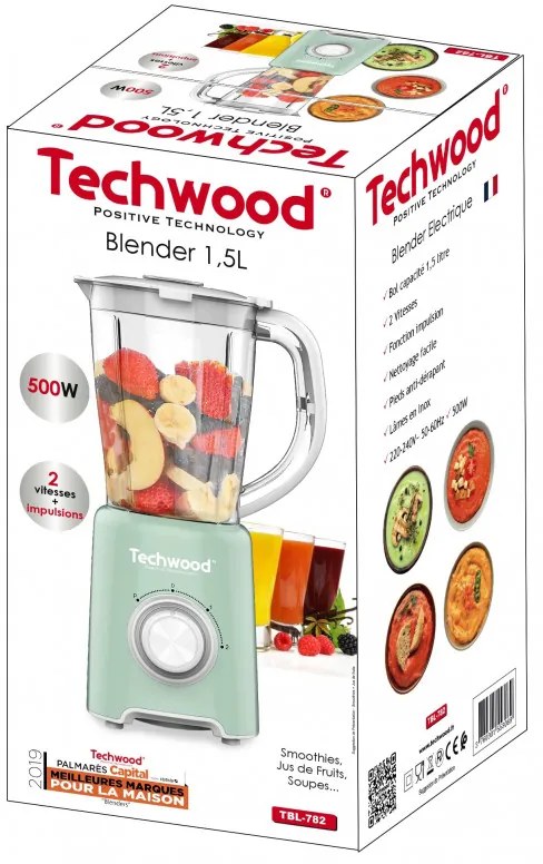 Μπλέντερ Techwood TBL-782, 500W, 1.5 λίτρο, 2 ταχύτητες + impulsi, μαχαίρια Stomaneni, ανοιχτό πράσινο