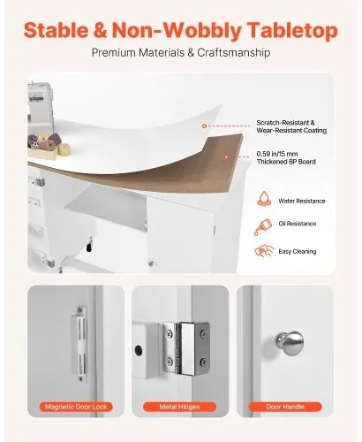 VEVOR Folding Sewing Table, Multipurpose Sewing Machine Table with Cabinet, Compact Design, Wheels, Wooden Pegs, Storage Trays and Shelf, Magnetic Door, Craft Station and Side Desk for Home, White