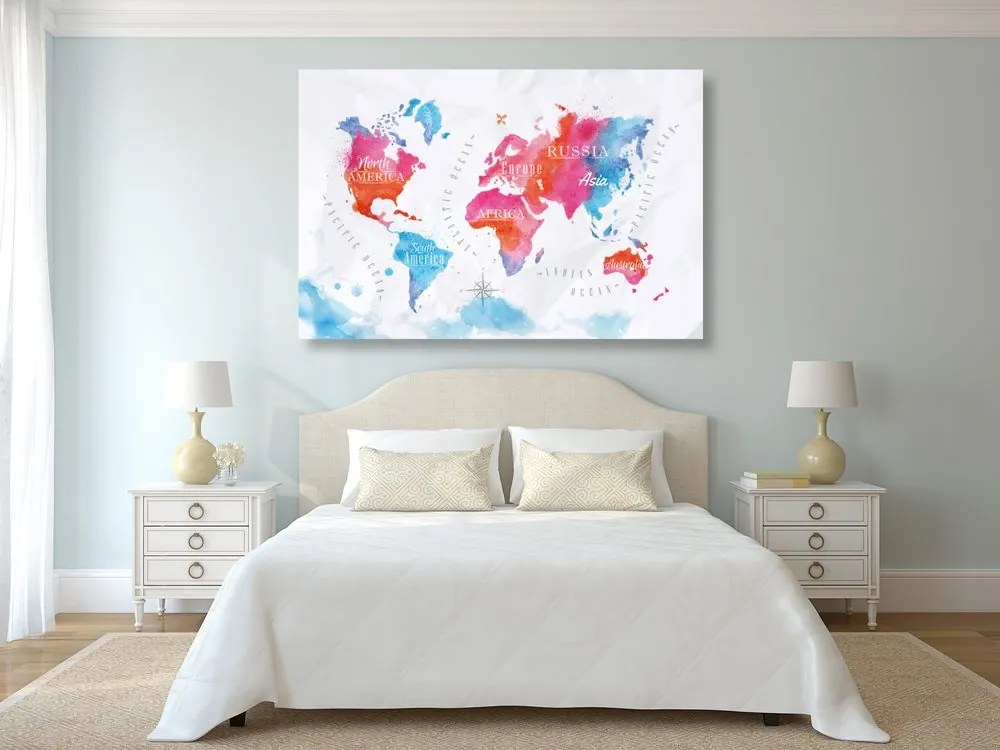 Εικόνα στον παγκόσμιο χάρτη ακουαρέλα φελλού - 90x60  color mix