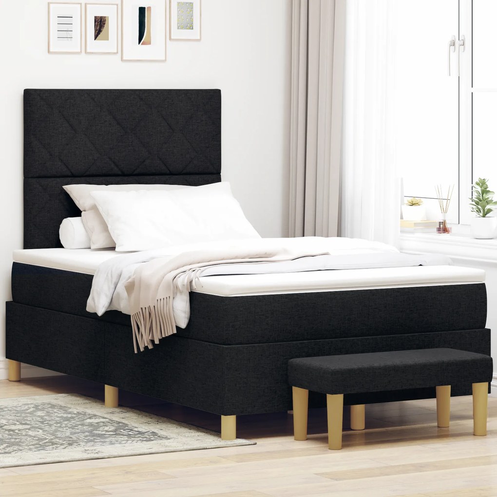 vidaXL Κρεβάτι Box Spring με Στρώμα & Πάγκο Μαύρο 120x190 εκ Ύφασμα