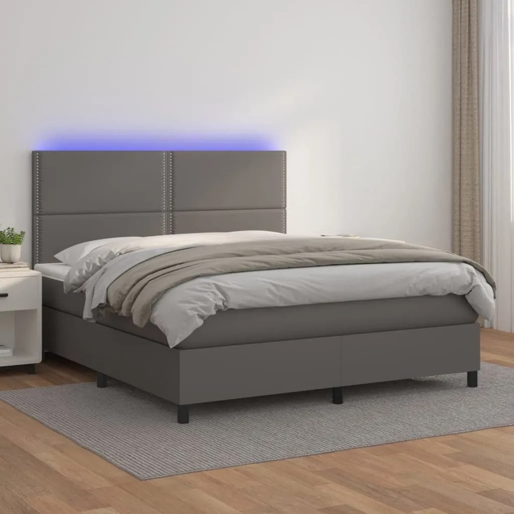 Κρεβάτι Boxspring με Στρώμα &amp; LED Γκρι 180x200 εκ. Συνθ. Δέρμα - Γκρι
