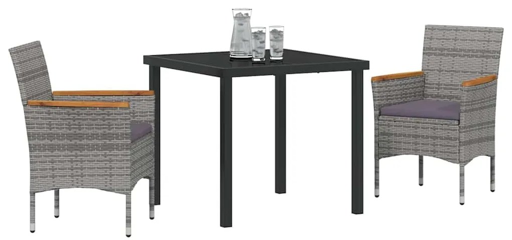 vidaXL Σέτ φαγητού για κήπο με μαξιλάρι 3 pcs Γκρι Πολυ ράταν