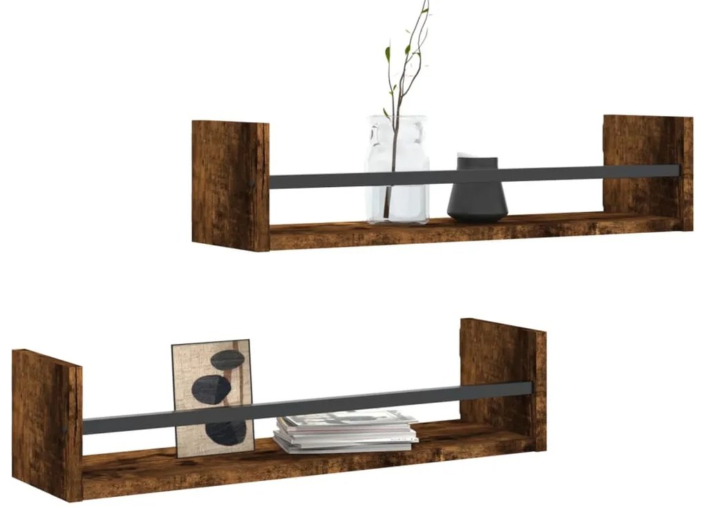 vidaXL Ράφια Τοίχου με Μπάρα 2 τεμ. Καπνιστή Δρυς 60 x 16 x 14 εκ.