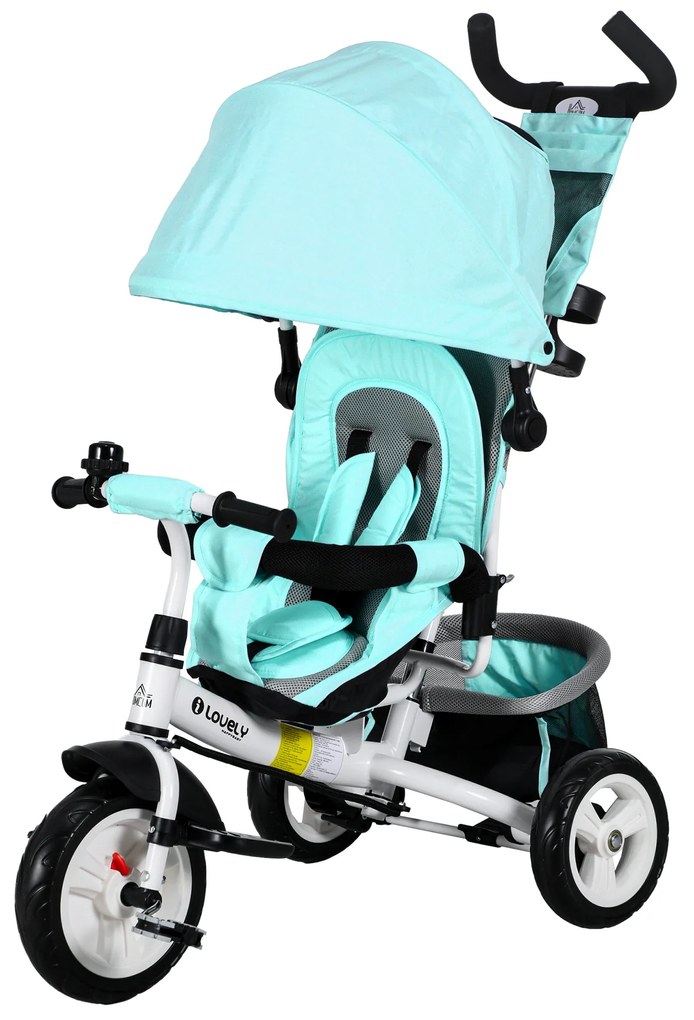 Παιδικό τρίκυκλο HOMCOM, ποδήλατο για παιδιά, πίσω καλάθι, ποτηροθήκη, τέντα, μέταλλο, Πράσινο