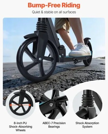 VEVOR Kick Scooter for Kids Ages 8+, Teens &amp; Adults, 2-Wheel Toddler Scooter with Adjustable Height Handlebar, Wide Anti-Slip Deck, Foldable Lightweight for Boys &amp; Girls up to 99.8 kg, Black + Blue