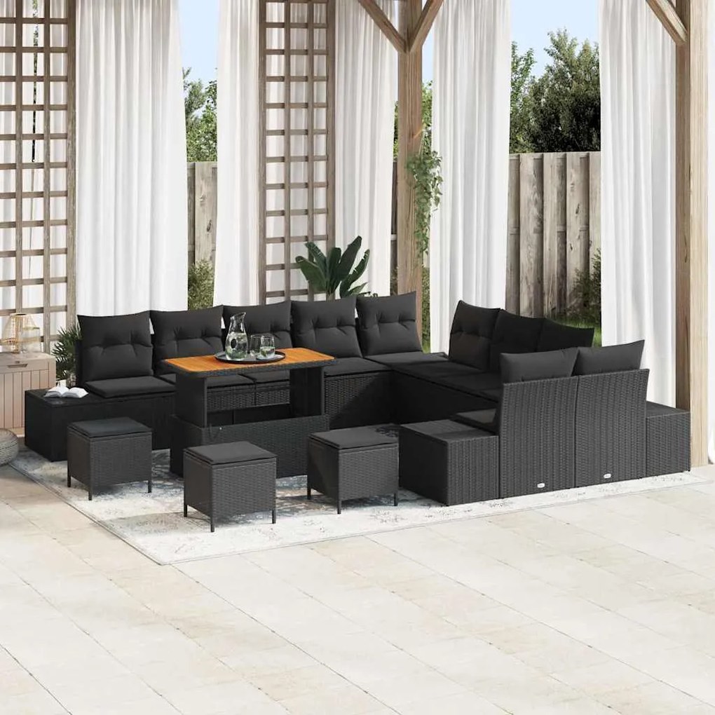 vidaXL Σετ Καναπέ Κήπου με μαξιλάρι 14 pcs Μαύρο Πολυ ράταν