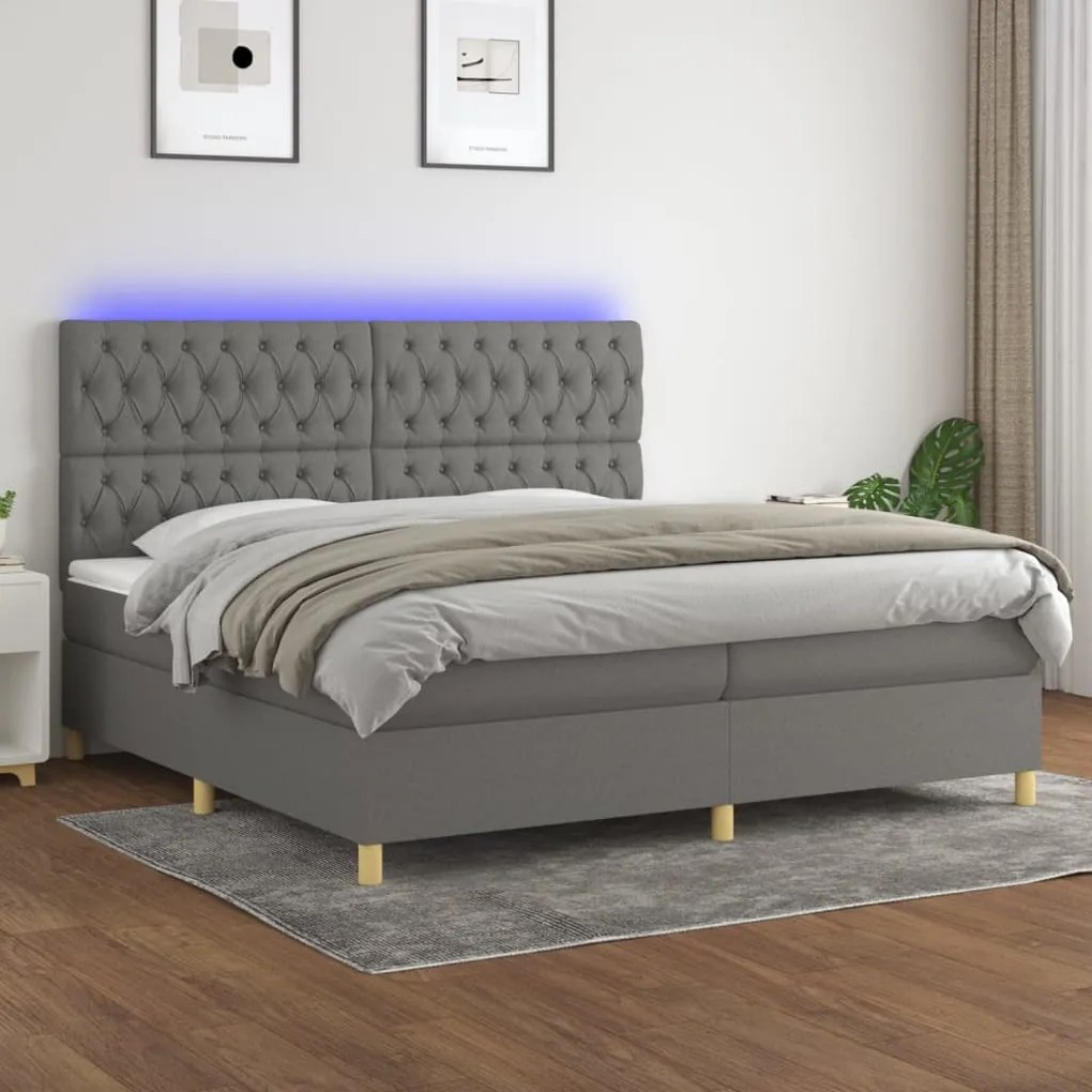 Κρεβάτι Boxspring με Στρώμα &amp; LED Σκ.Γκρι 200x200εκ. Υφασμάτινο - Γκρι