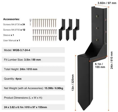VEVOR Fence Post Anchor Repair Kit, 4 Pack Inner Diameter 3.5 x3.5 Inches Heavy Duty Steel Fence Post Support Stakes, Anchor Ground Spike for Repair Tilted, Broken Wood Fence Post, Enveloping