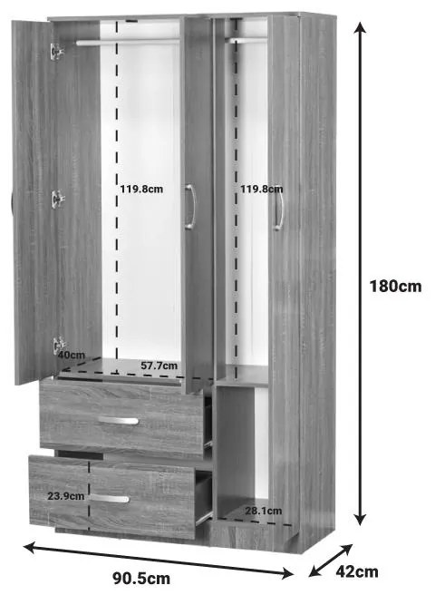 Ντουλάπα ρούχων τρίφυλλη Zelia με 2 συρτάρια χρώμα καρυδί 90x42x180εκ